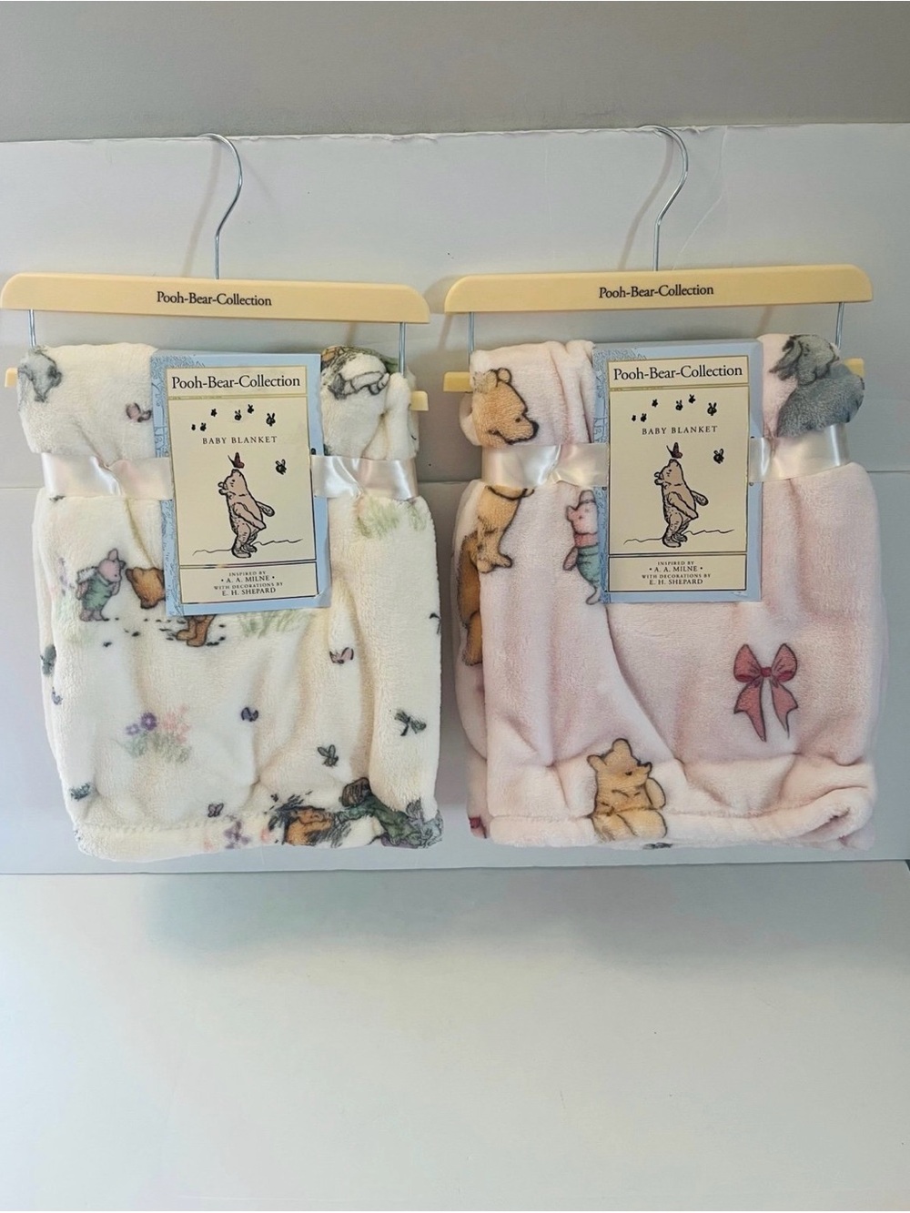 Winnie the Pooh Bear Collection Lot of 2 Baby Blankets Cream Pink Rabbit's House